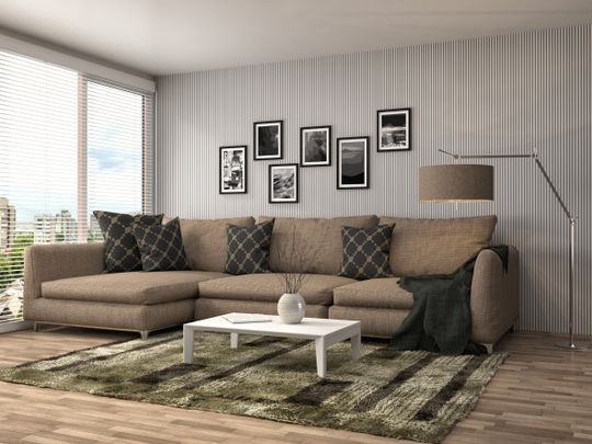 Interior con sofá. 3d ilustración papel pintado